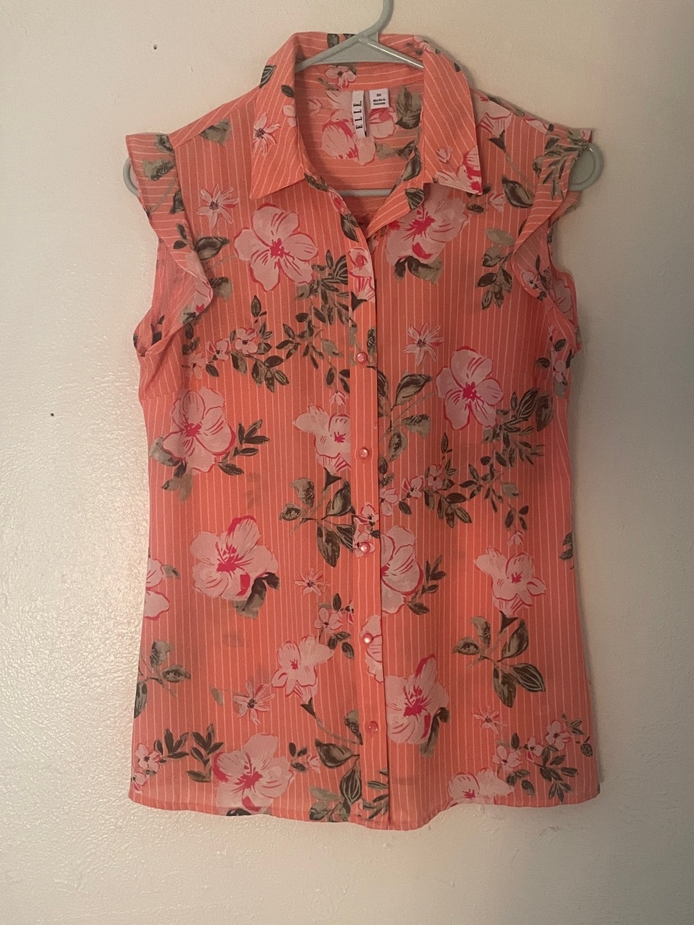 Elle Coral Pink Tropical Floral Button Front Cap Flutter Sleeve Blouse XS NWOT